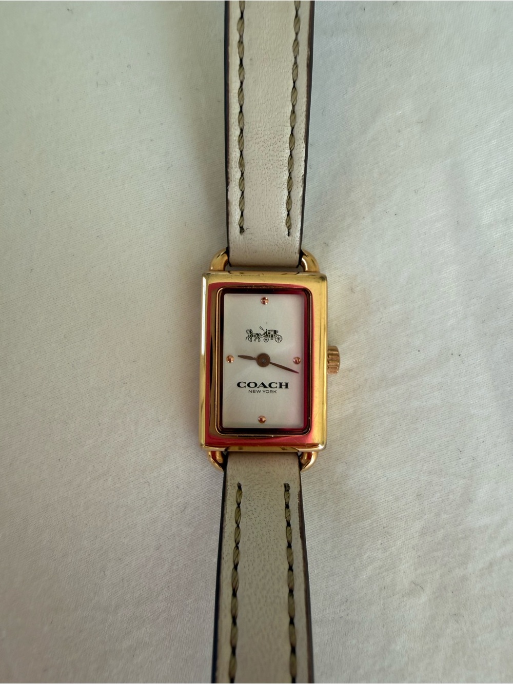 Coach Gold-Tone Rectangular Watch with Cream and Brown Leather Strap